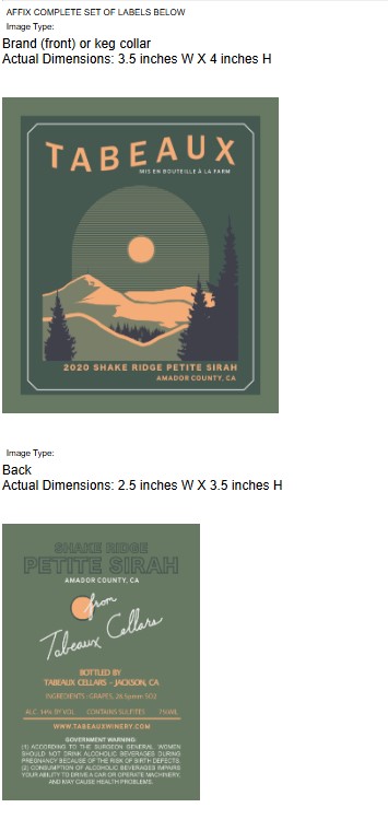TABC label artwork for Tabeaux Shake Ridge Petite Sirah
