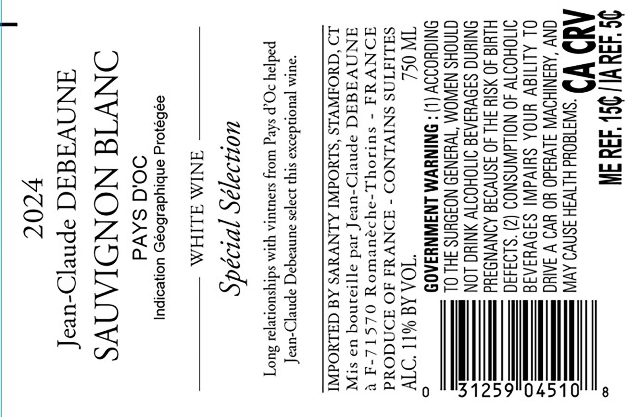 TABC label artwork for JEAN CLAUDE DEBEAUNE Special Selection Sauvignon Blanc
