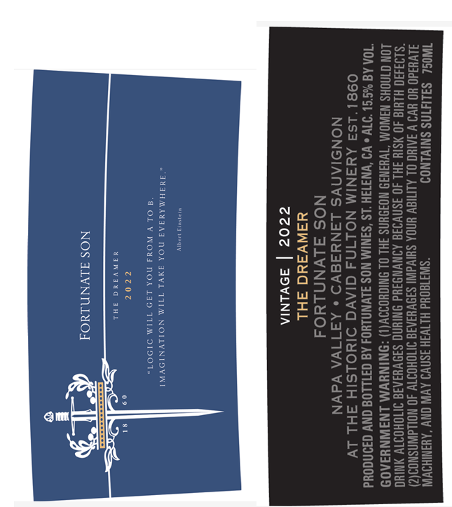 TABC label artwork for FORTUNATE SON CABERNET SAUVIGNON NAPA VALLEY THE DREAMER