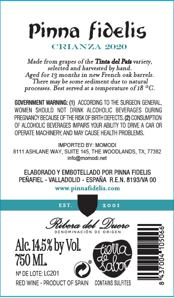 TABC label artwork for PINNA FIDELIS CRIANZA TINTA DEL PAIS DO RIBERA DEL DUERO