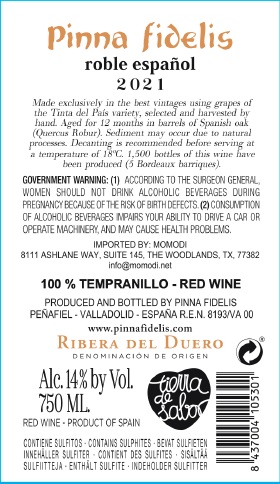 TABC label artwork for PINNA FIDELIS ROBLE ESPAÑOL TEMPRANILLO RIBERA DEL DUERO