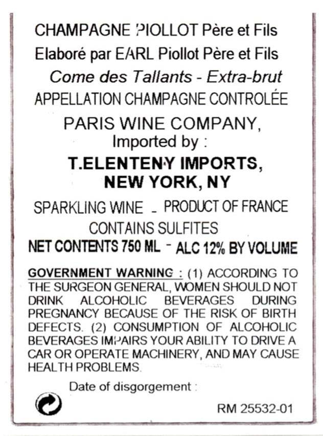 TABC label artwork for Piollot Come des Tallants