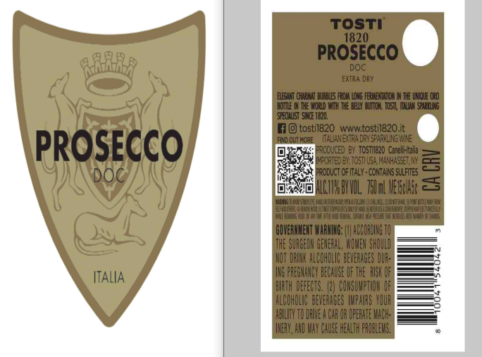 TABC label artwork for Tosti Prosecco DOC