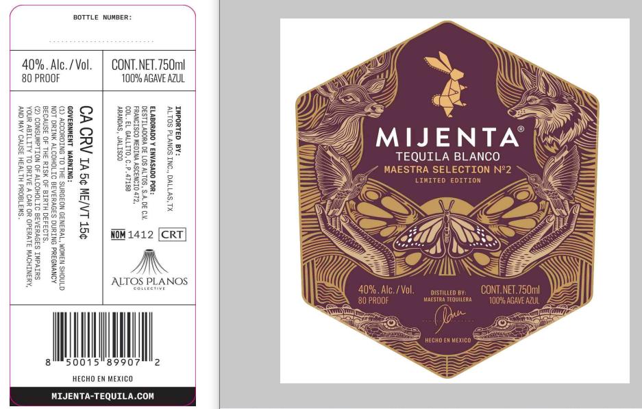 TABC label artwork for Mijenta Tequila Blanco Maestra Selection No. 2