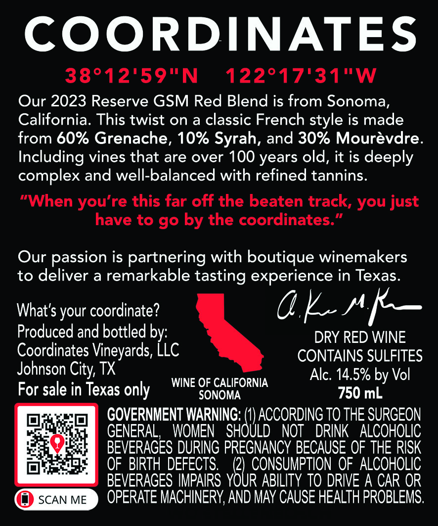 TABC label artwork for Coordinates Vineyards GSM Red Blend