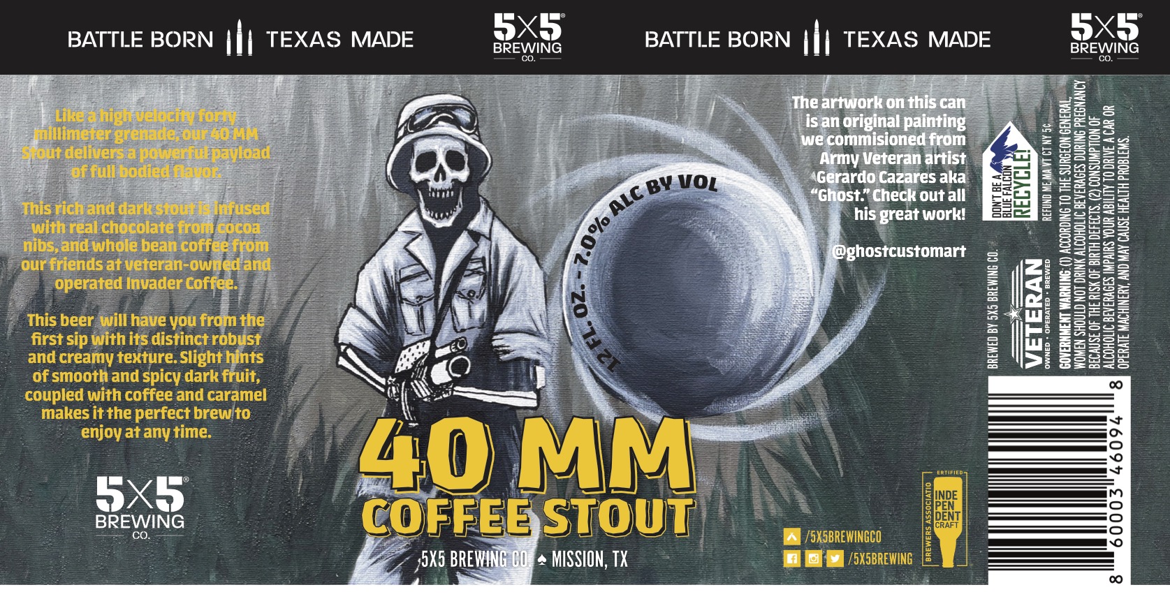 TABC label artwork for 5X5 BREWING CO. 40MM STOUT
