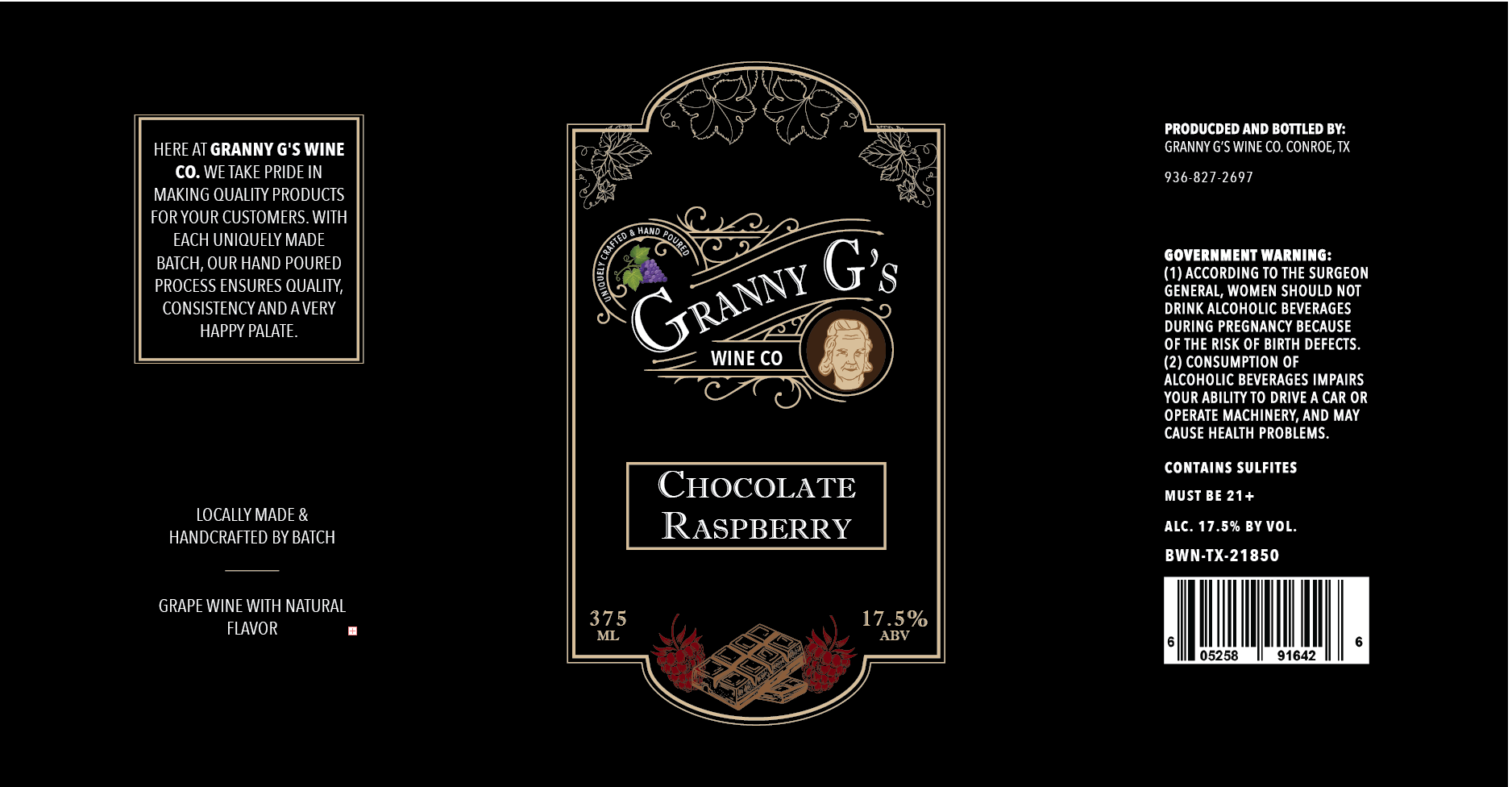 TABC label artwork for GRANNY G'S WINE CO. CHOCOLATE RASPBERRY