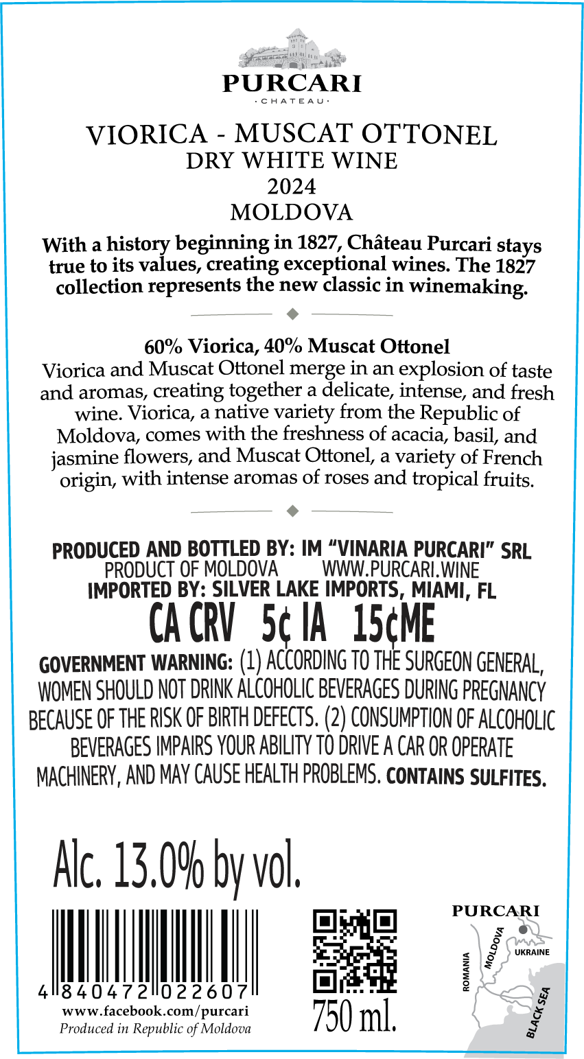 TABC label artwork for Purcari Chateau Since 1827 Viorica Muscat Ottonel White Dry Wine 2024