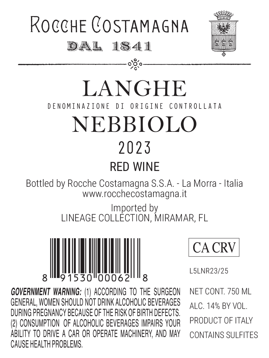 TABC label artwork for Rocche Costamagna 'Roccardo' Langhe Doc Nebbiolo