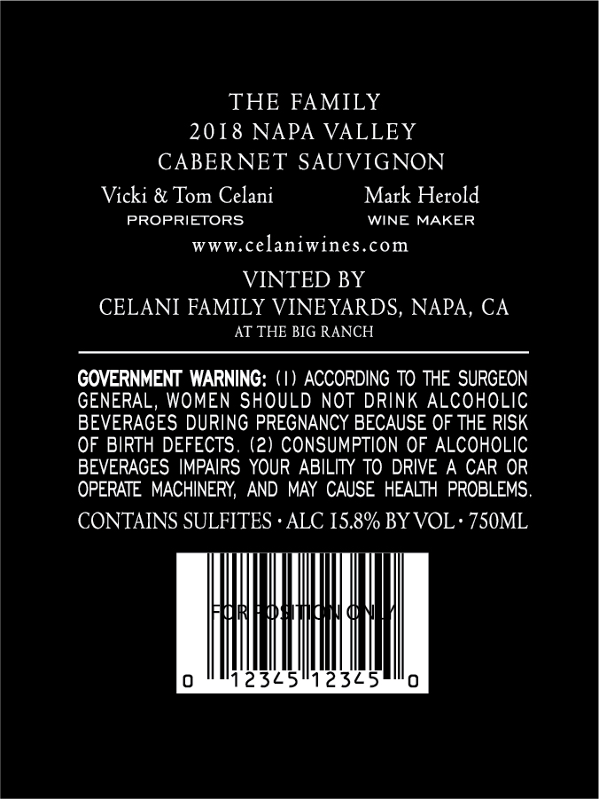 TABC label artwork for Celani The Family Cabernet Sauvignon Napa Valley