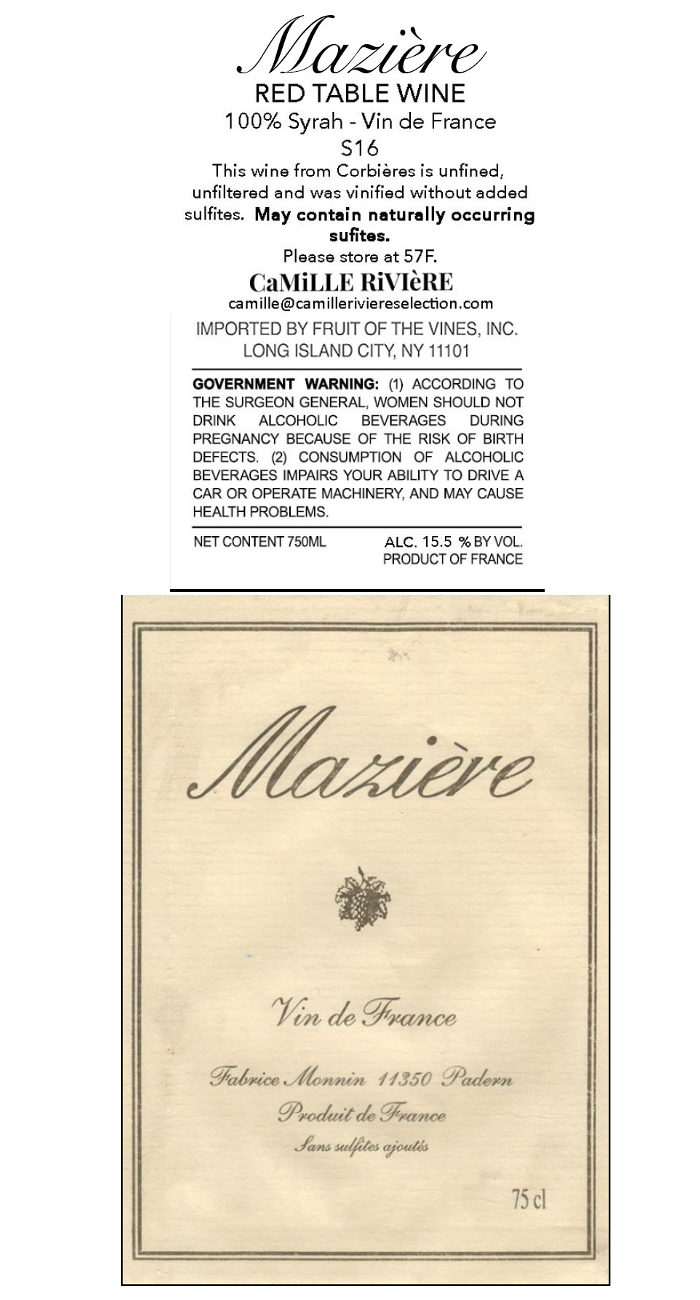 TABC label artwork for Maziere S16 Syrah Vin De France