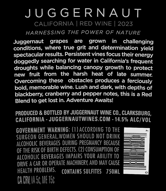 TABC label artwork for Juggernaut Red Wine CA