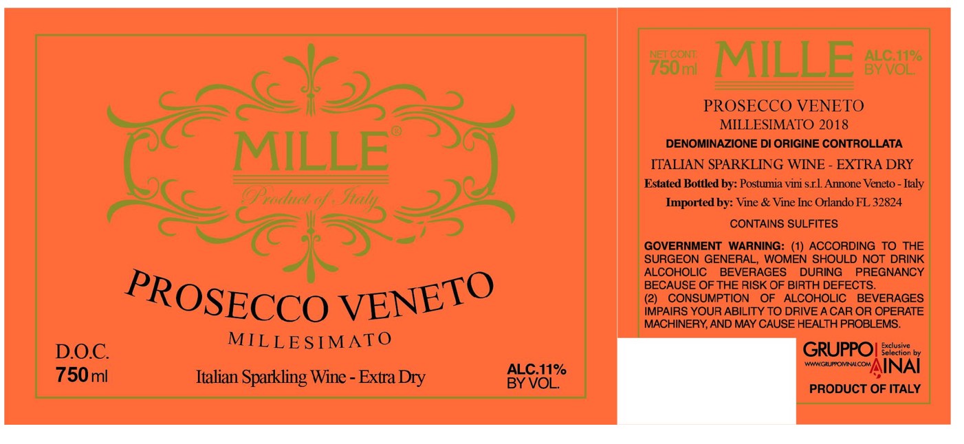 TABC label artwork for MILLE PROSECCO VENETO