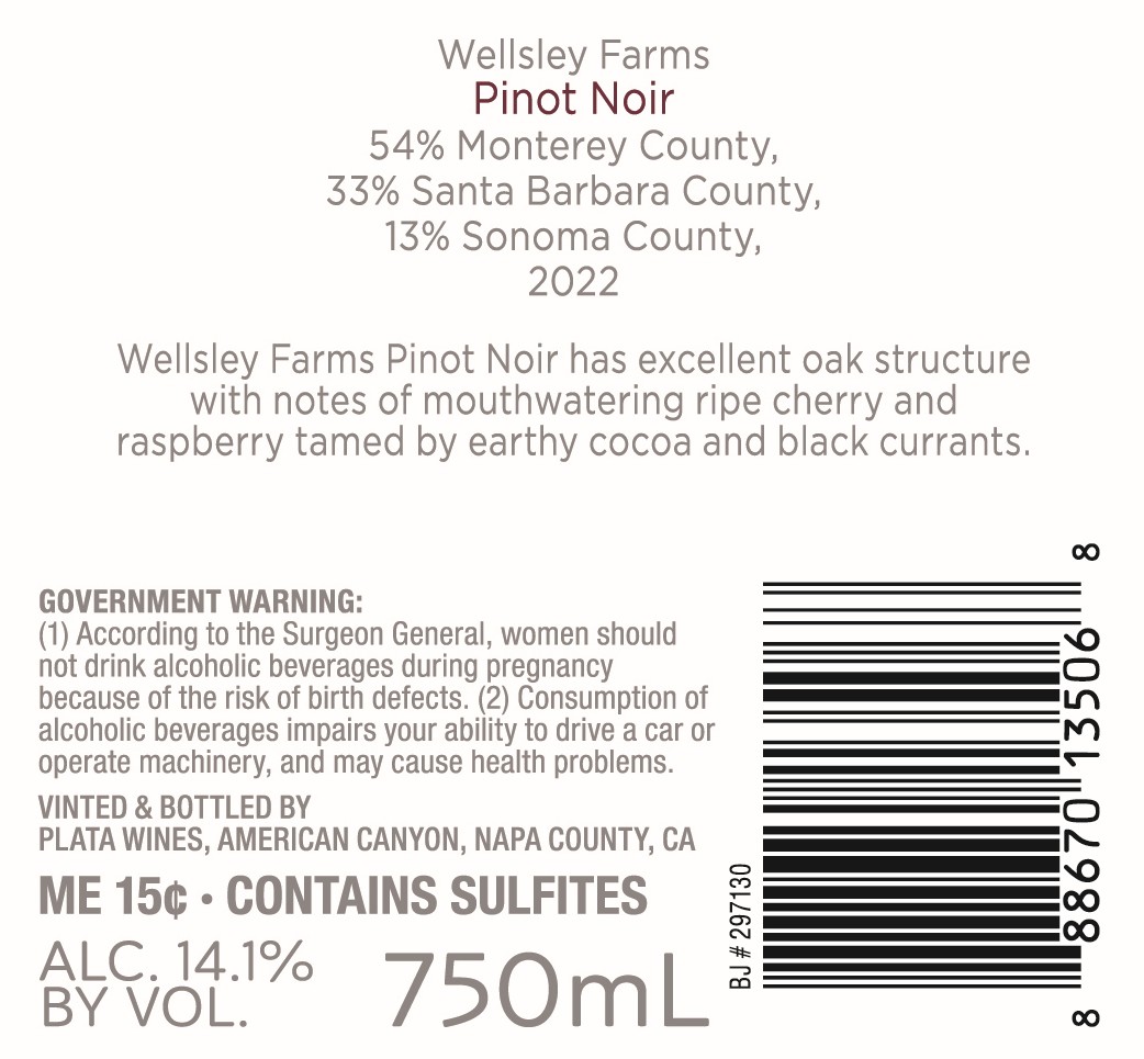 TABC label artwork for Wellsley Farms Pinot Noir CA - Monterey, CA - Santa Barbara, CA - Sonoma 0480