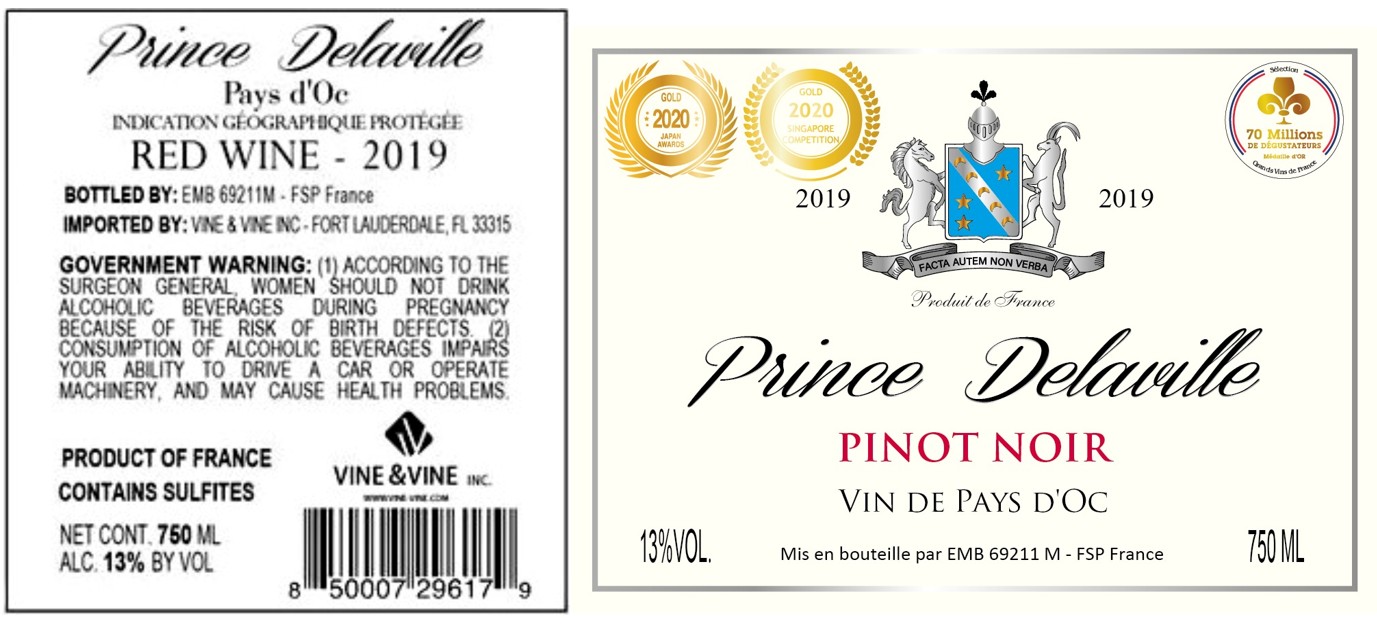 TABC label artwork for PRINCE DELAVILLE PINOT NOIR PAYS D'OC