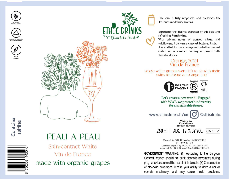 TABC label artwork for Ethic Drinks Peau a Peau Vin de France Orange Wine