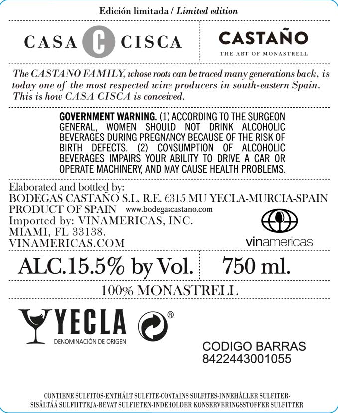 TABC label artwork for CASA CISCA MONASTRELL