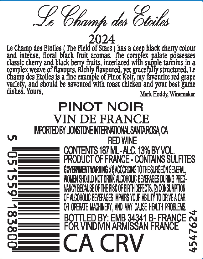 TABC label artwork for Le Champ des Etoiles Vin de France Pinot Noir, France