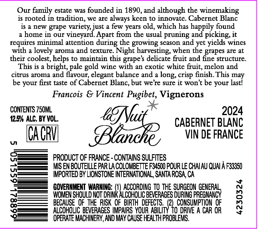 TABC label artwork for La Nuit Blanche Vin de France Cabernet Blanc, France