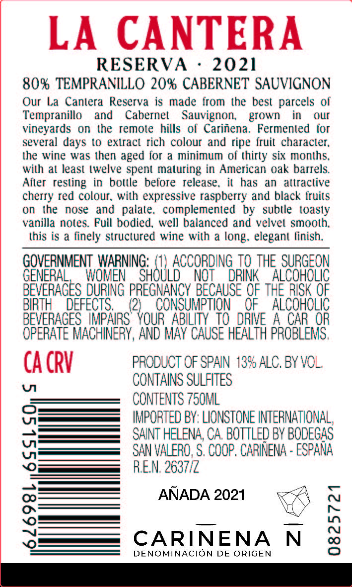 TABC label artwork for La Cantera Reserva Carinena Tempranillo, Cabernet Sauvignon, Spain