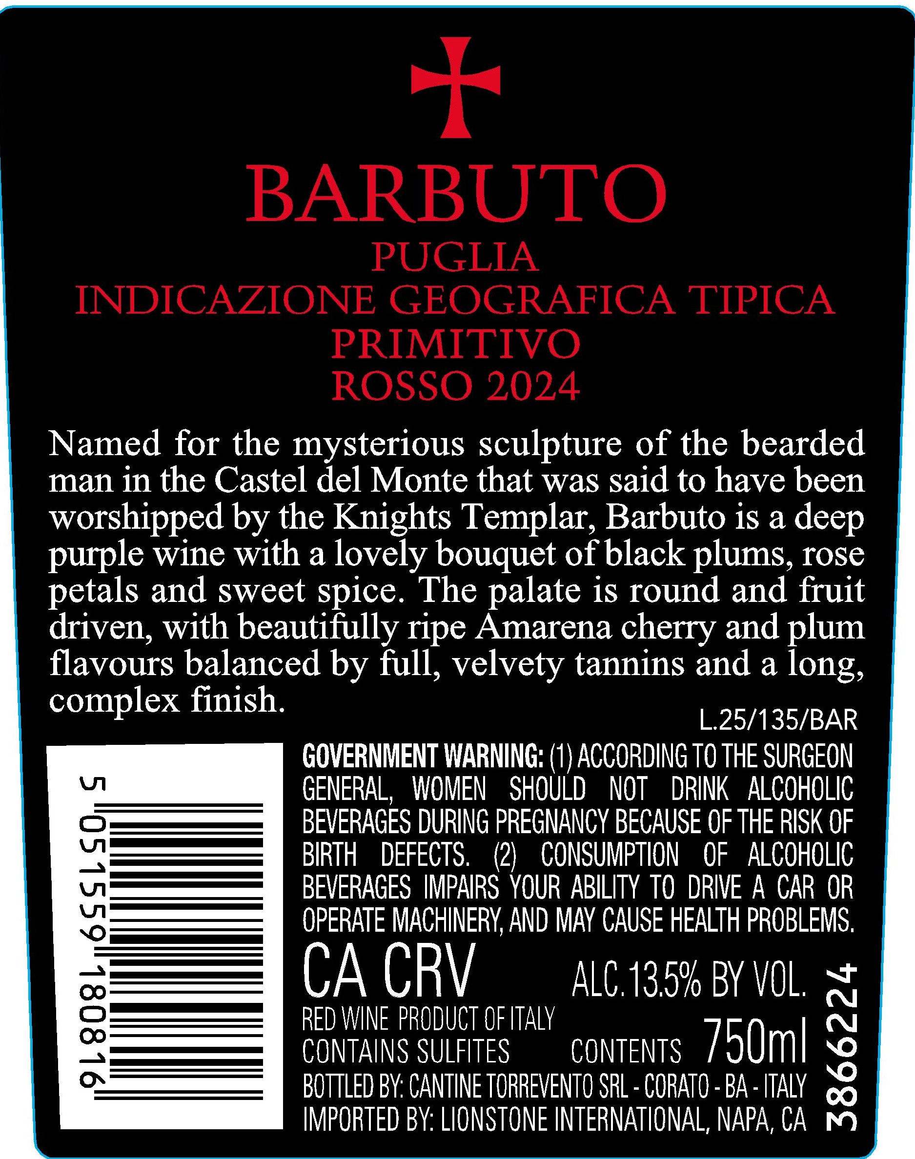 TABC label artwork for Barbuto Puglia Primitivo Rosso Red Wine, Italy