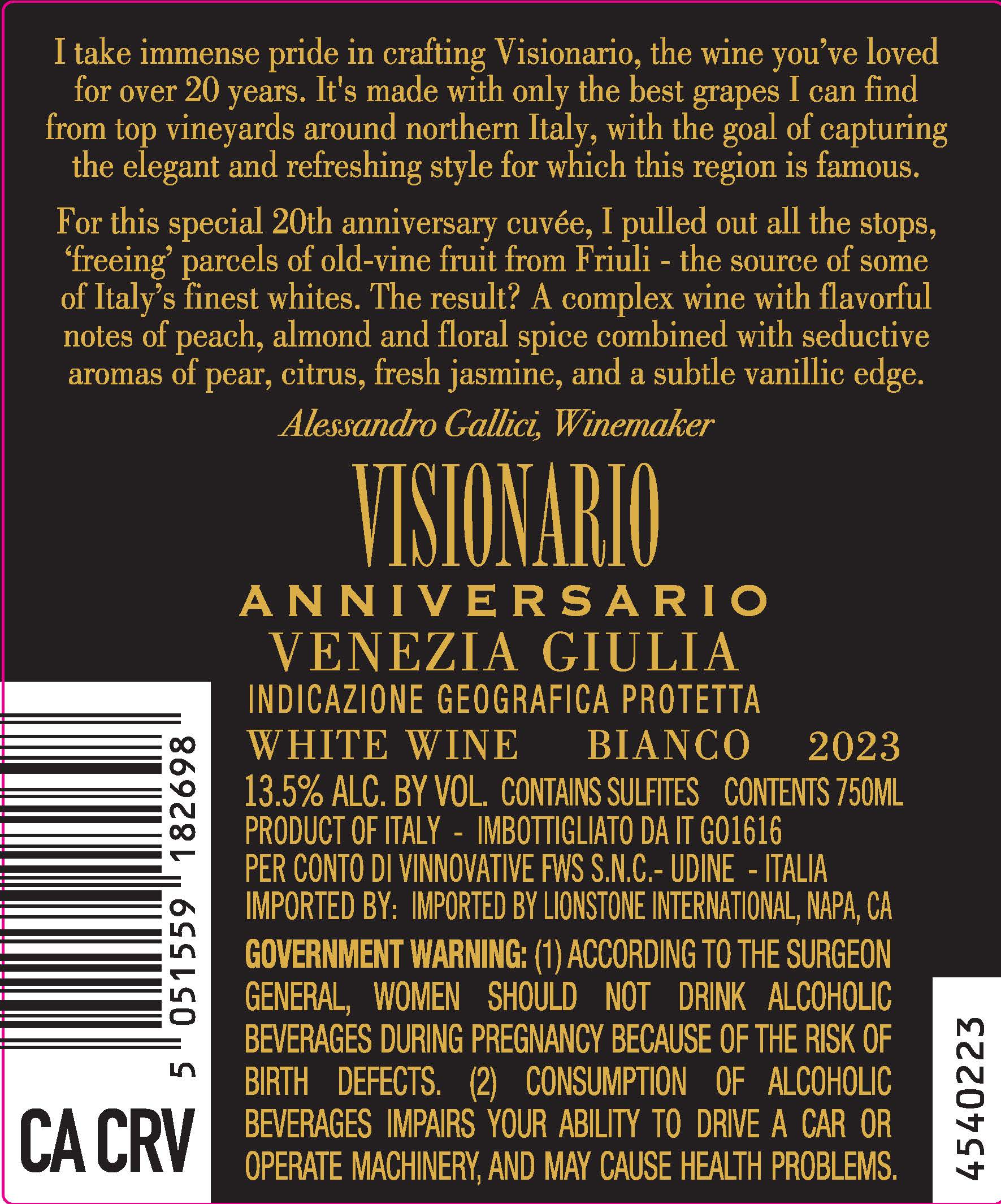 TABC label artwork for Visionario Anniversario Venezia Giulia Bianco White Wine, Italy