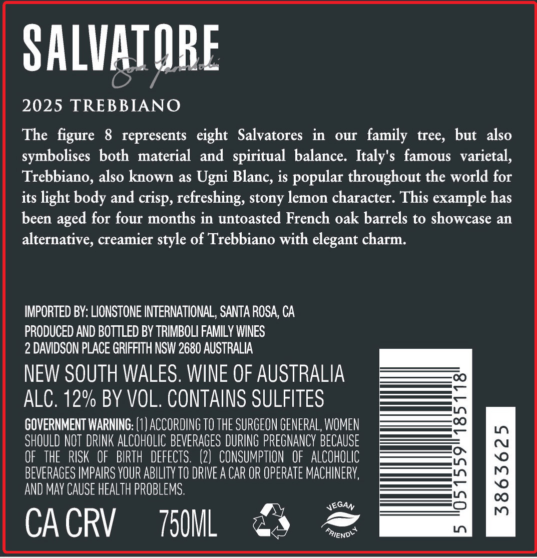 TABC label artwork for Salvatore Trimboli New South Wales Trebbiano, Australia
