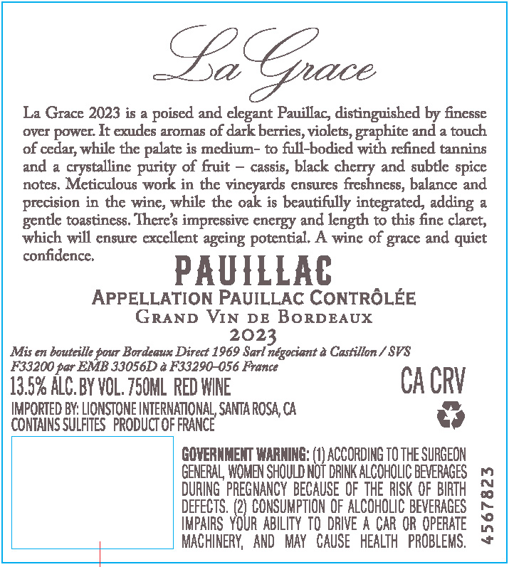 TABC label artwork for La Grace Pauillac Grand Vin De Bordeaux Red Wine
