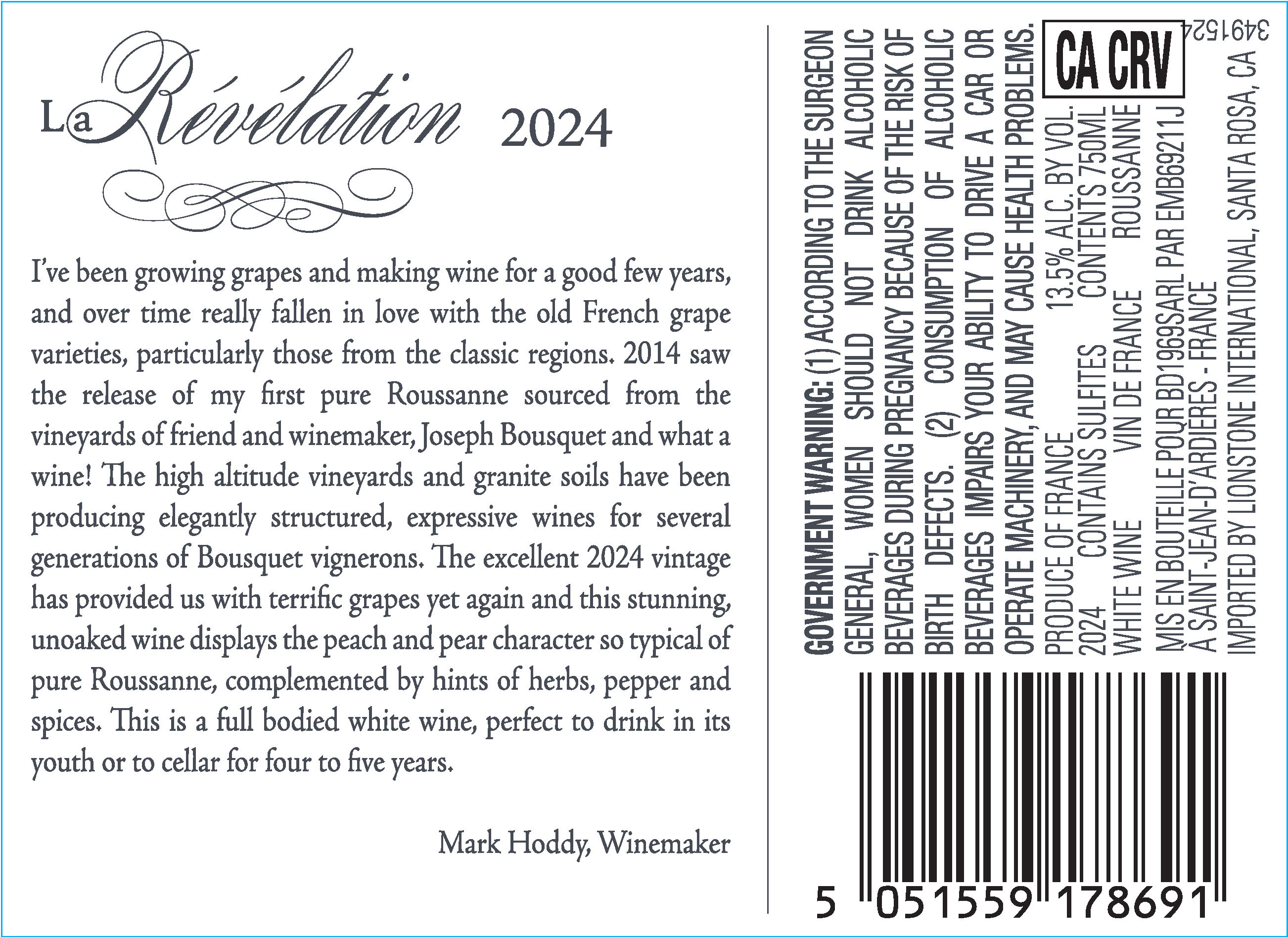 TABC label artwork for La Revelation Vin De France Roussanne, France