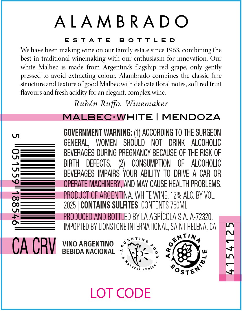 TABC label artwork for Alambrado Mendoza Malbec Blanco White Wine