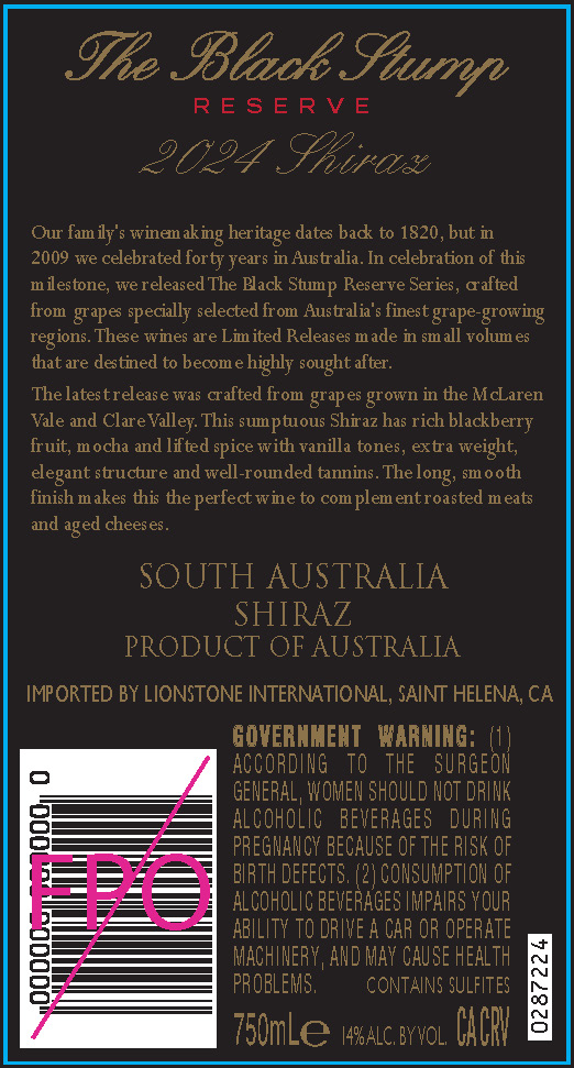 TABC label artwork for The Black Stump Reserve South Australia Shiraz, Australia