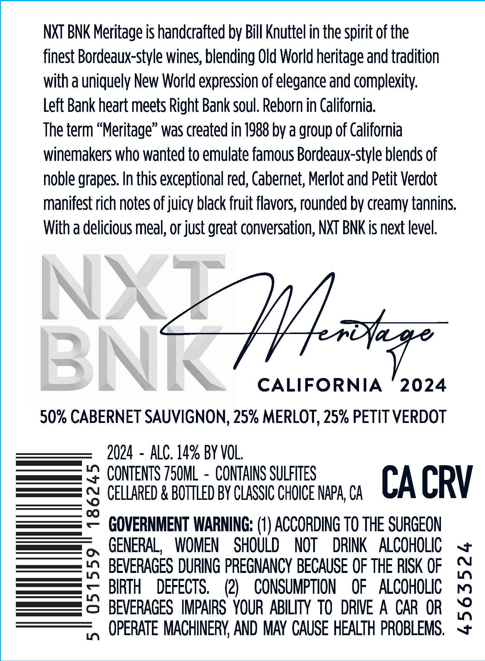 TABC label artwork for NXT BNK Meritage Cabernet Sauvignon, Merlot, Petit Verdot, California