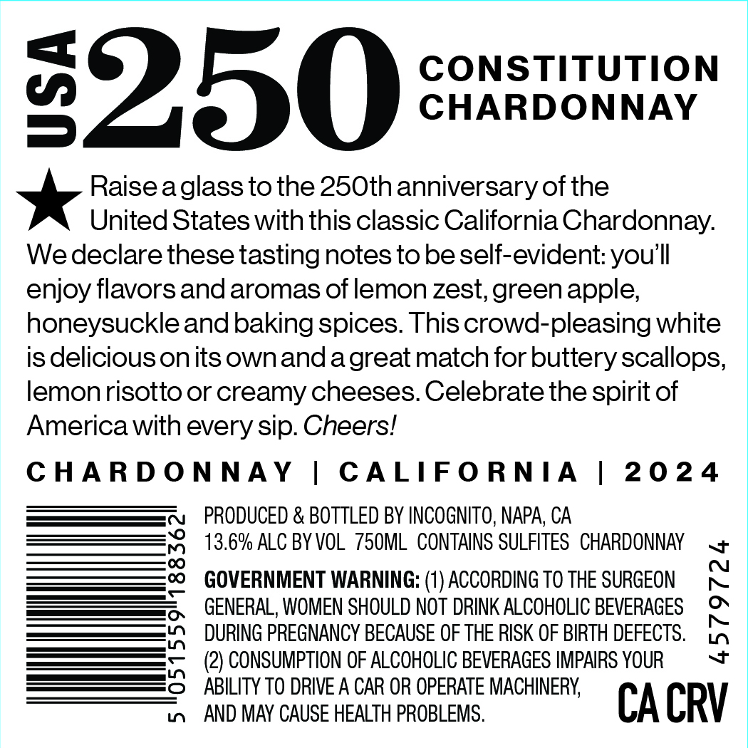 TABC label artwork for USA 250 Chardonnay, Constitution, California
