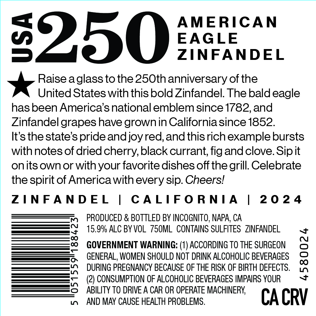 TABC label artwork for USA 250 Zinfandel, American Eagle, California