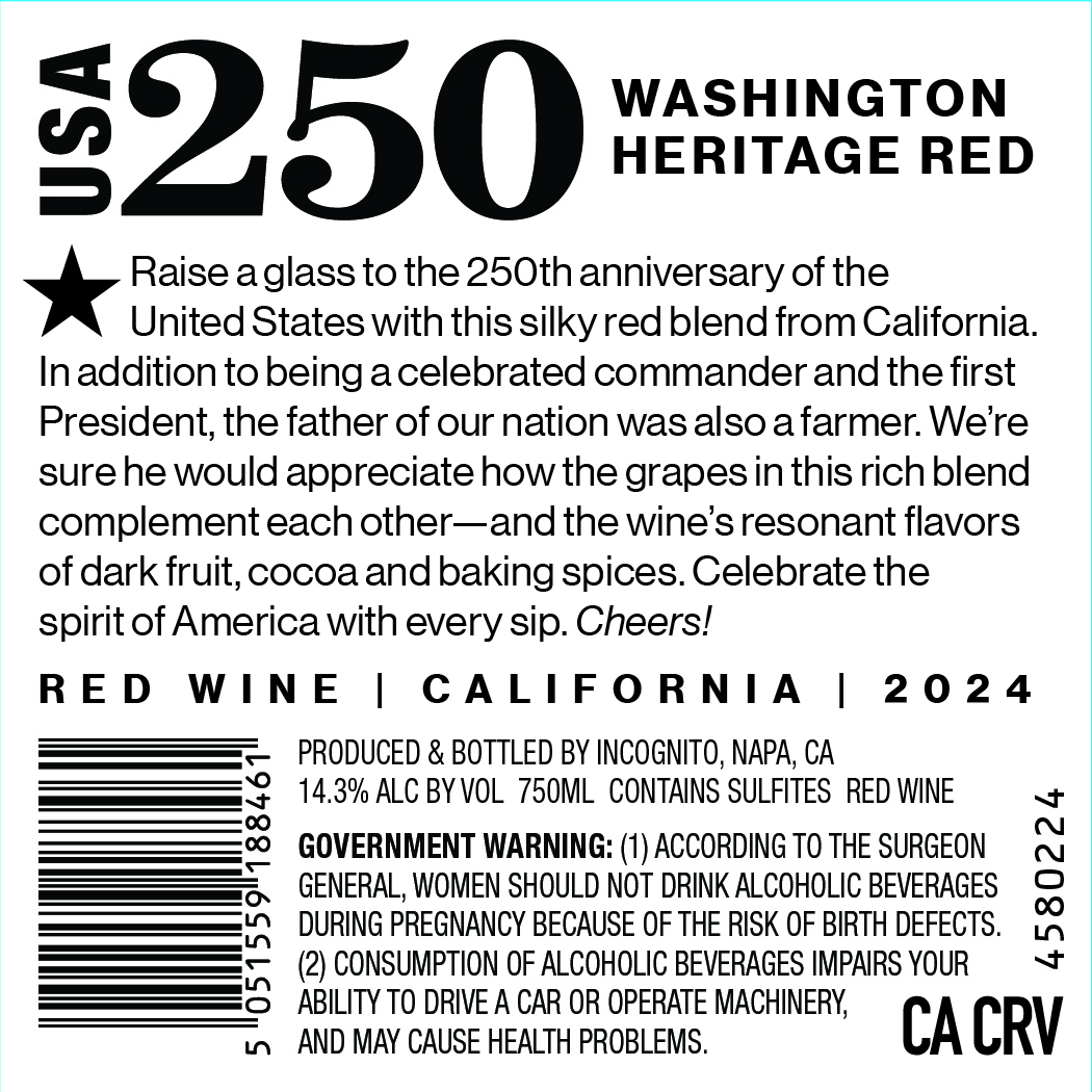 TABC label artwork for USA 250 Red Wine, Washington Heritage, California