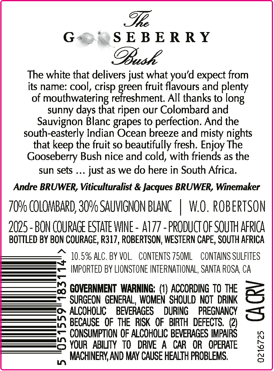 TABC label artwork for The Gooseberry Bush Robertson Colombard, Sauvignon Blanc