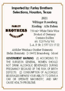 TABC label artwork for Steinmetz Wiltinger Rosenberg Riesling Alte Reben