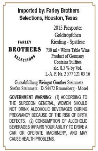 TABC label artwork for Steinmetz Piesporter Goldtropfchen Riesling Spatlese