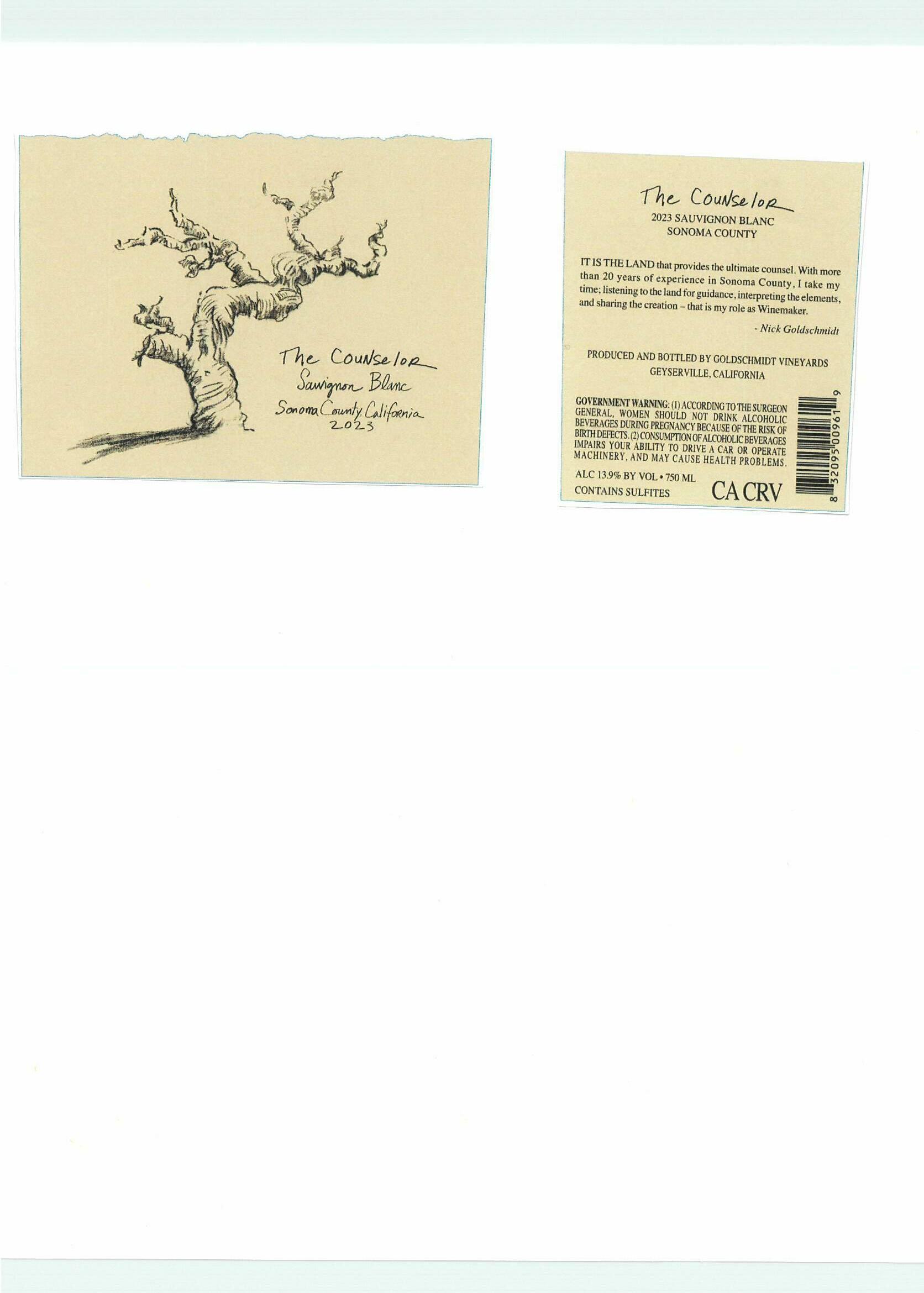 TABC label artwork for The Counselor Sauvignon Blanc Sonoma County