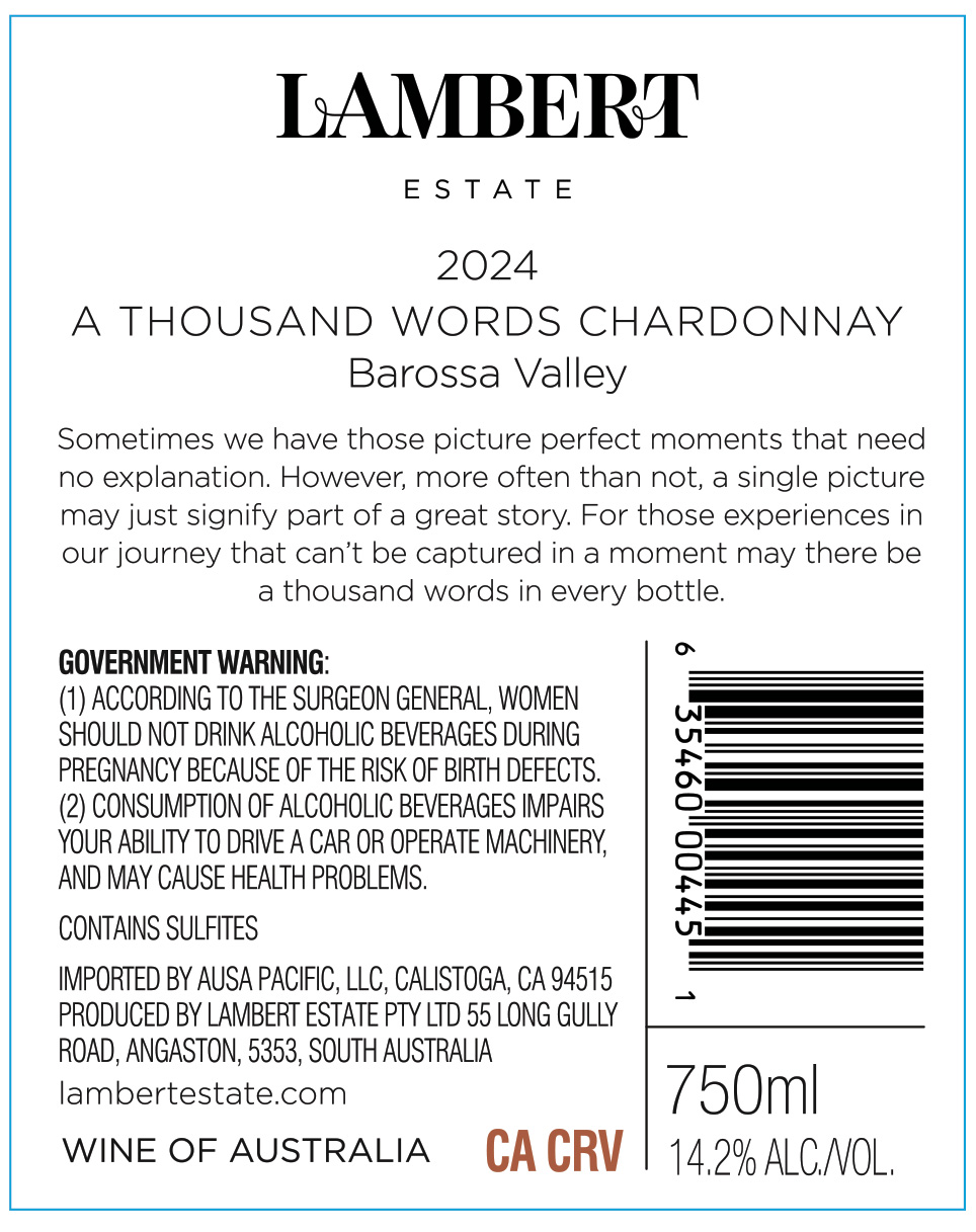 TABC label artwork for LAMBERT ESTATE A THOUSAND WORDS CHARDONNAY