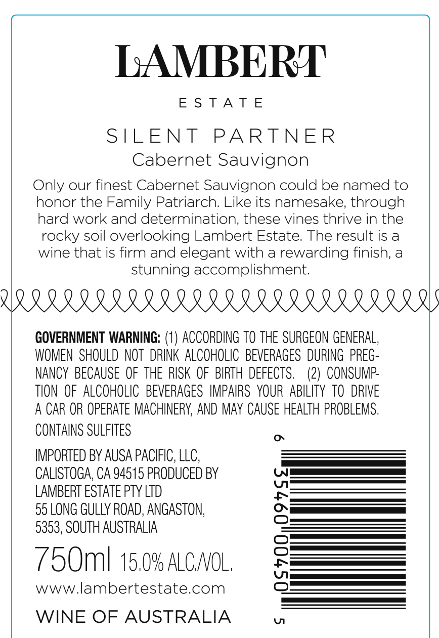 TABC label artwork for LAMBERT ESTATE SILENT PARTNER CABERNET SAUVIGNON