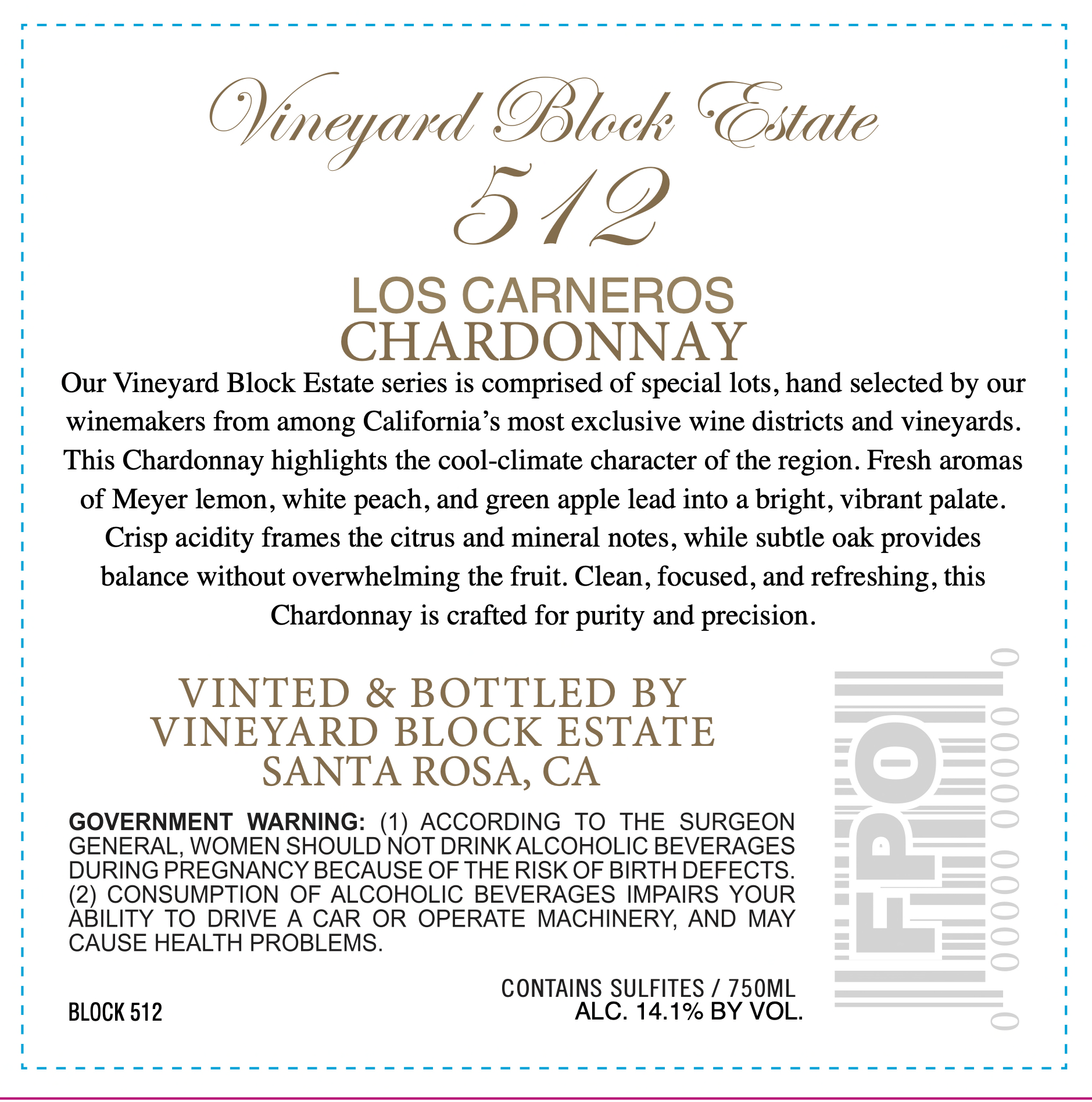 TABC label artwork for Vineyard Block Estate Block 512 Reserve Chardonnay Los Carneros