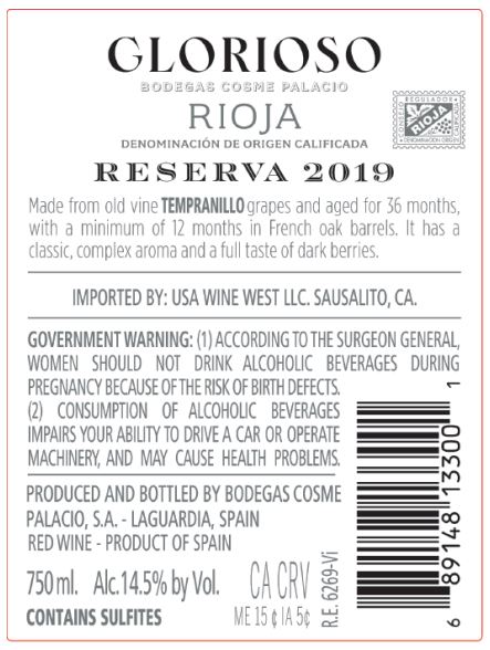 TABC label artwork for GLORIOSO RESERVA Tempranillo RIOJA