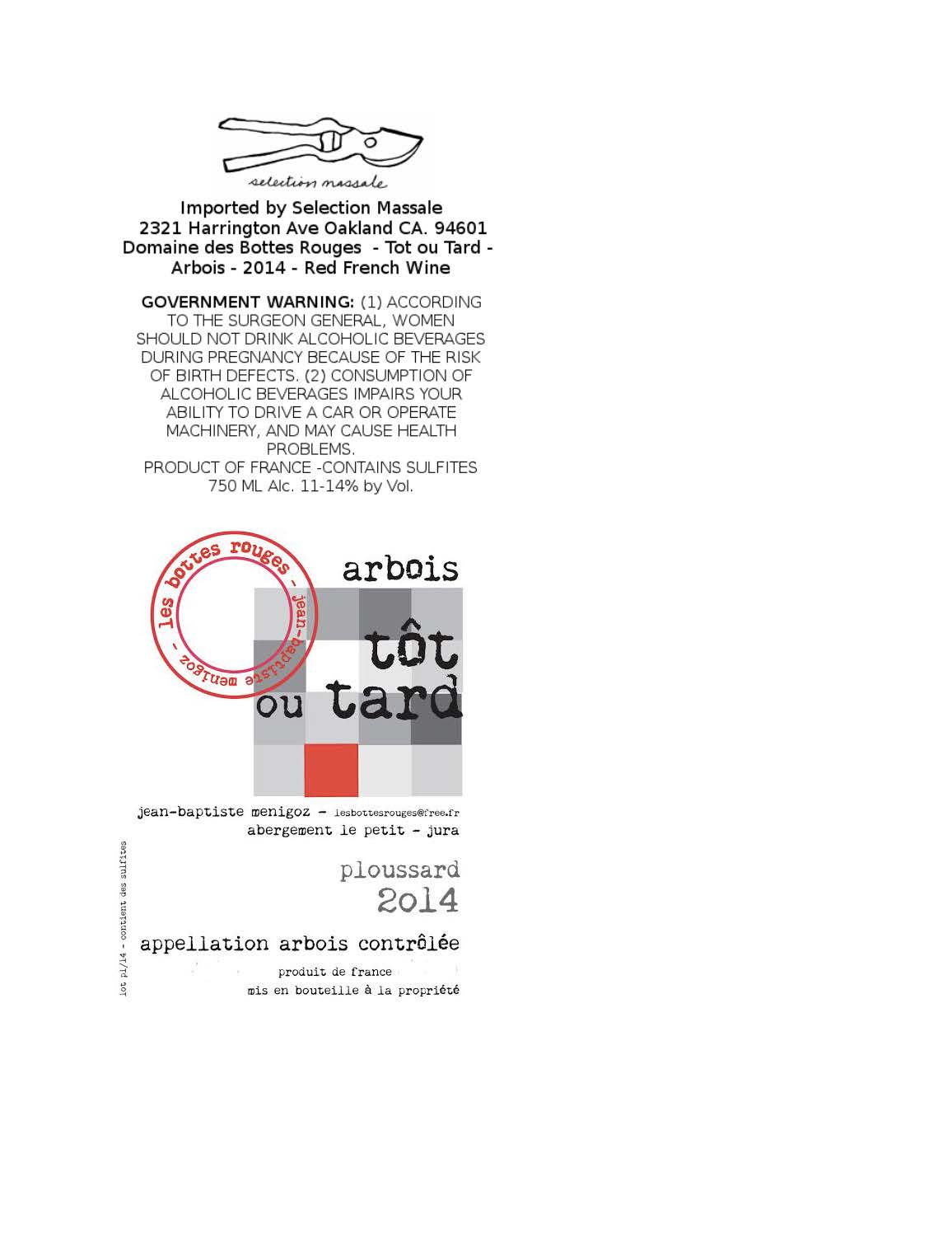 TABC label artwork for Bottes Rouges Tot ou Tard