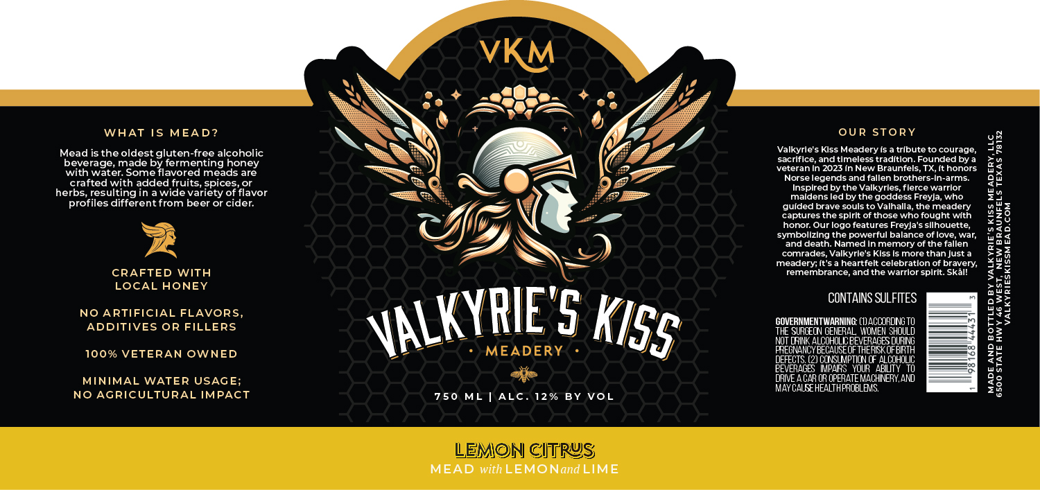 TABC label artwork for Valkyrie's Kiss Mead Lemon Citrus