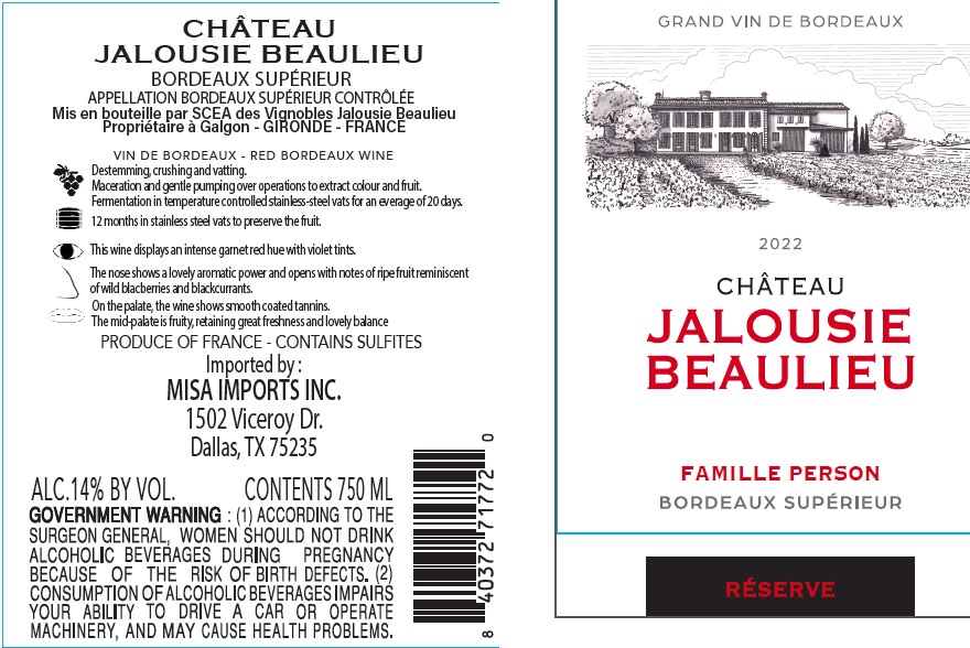 TABC label artwork for CHATEAU JALOUSIE BEAULIEU BORDEAUX SUPERIEUR
