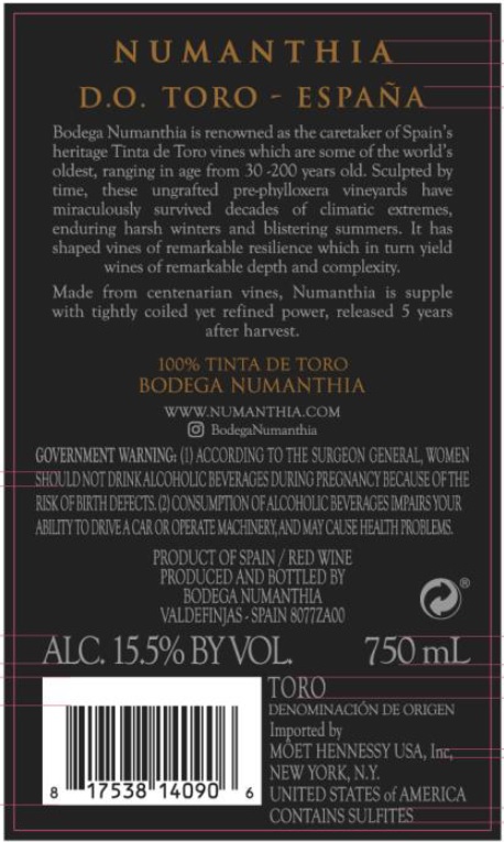 TABC label artwork for Numanthia Tinta De Toro