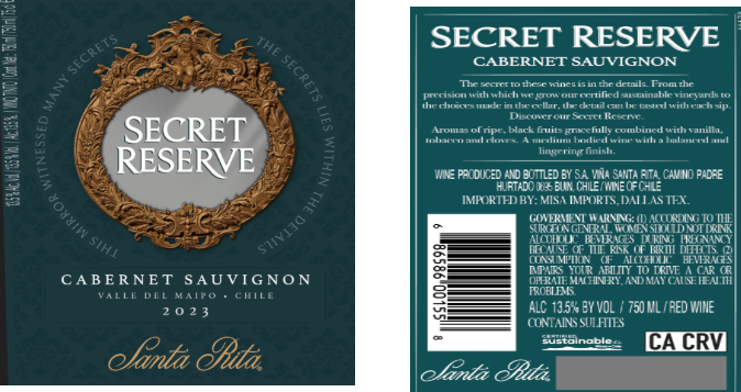 TABC label artwork for SECRET RESERVE SANTA RITA CABERNET SAUVIGNON