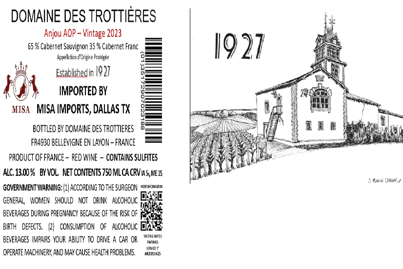 TABC label artwork for DOMAINE DES TROTTIERES 1927 ANJOU