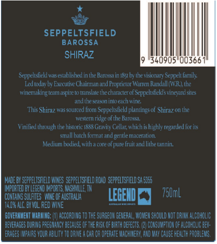 TABC label artwork for Seppeltsfield Barossa Shiraz